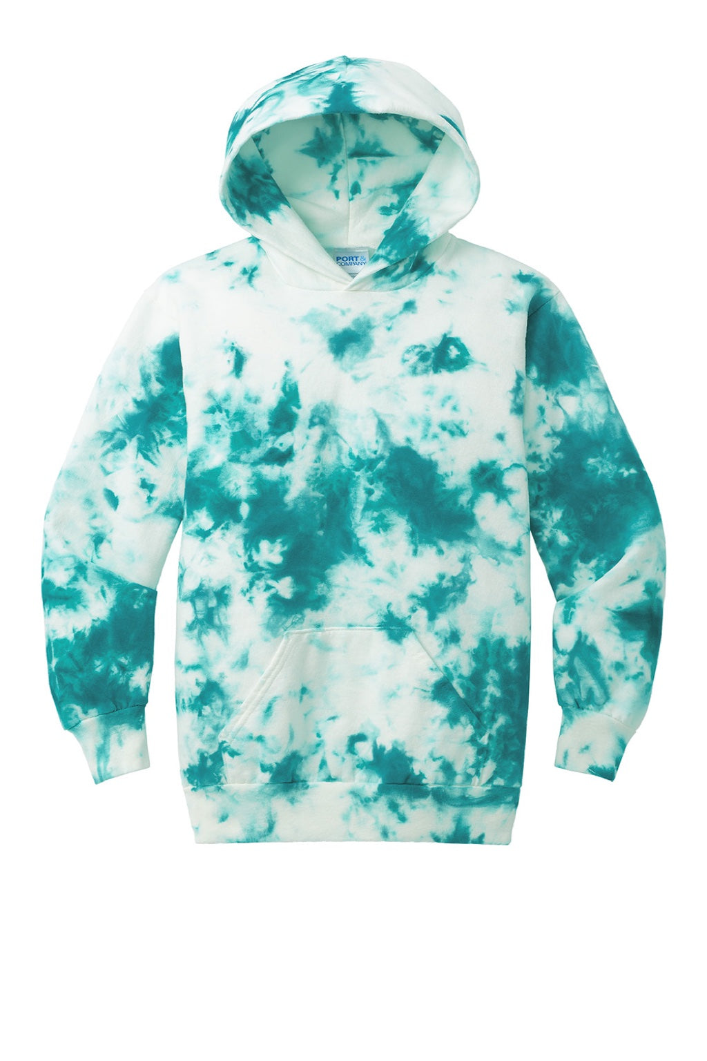 Port & Company PC144Y Youth Crystal Tie-Dye Hooded Sweatshirt Hoodie w/ Pouch Pocket Teal Green Flat Front
