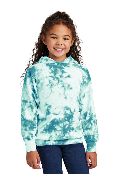 Port & Company PC144Y Youth Crystal Tie-Dye Hooded Sweatshirt Hoodie w/ Pouch Pocket Teal Green Model Front