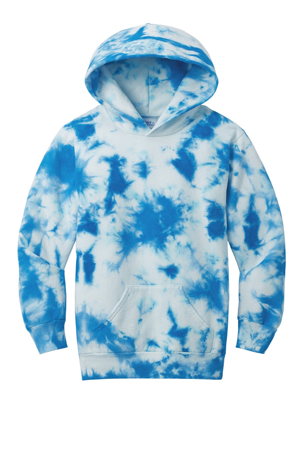 Port & Company PC144Y Youth Crystal Tie-Dye Hooded Sweatshirt Hoodie w/ Pouch Pocket True Royal Blue Flat Front