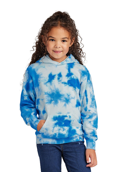 Port & Company PC144Y Youth Crystal Tie-Dye Hooded Sweatshirt Hoodie w/ Pouch Pocket True Royal Blue Model Front