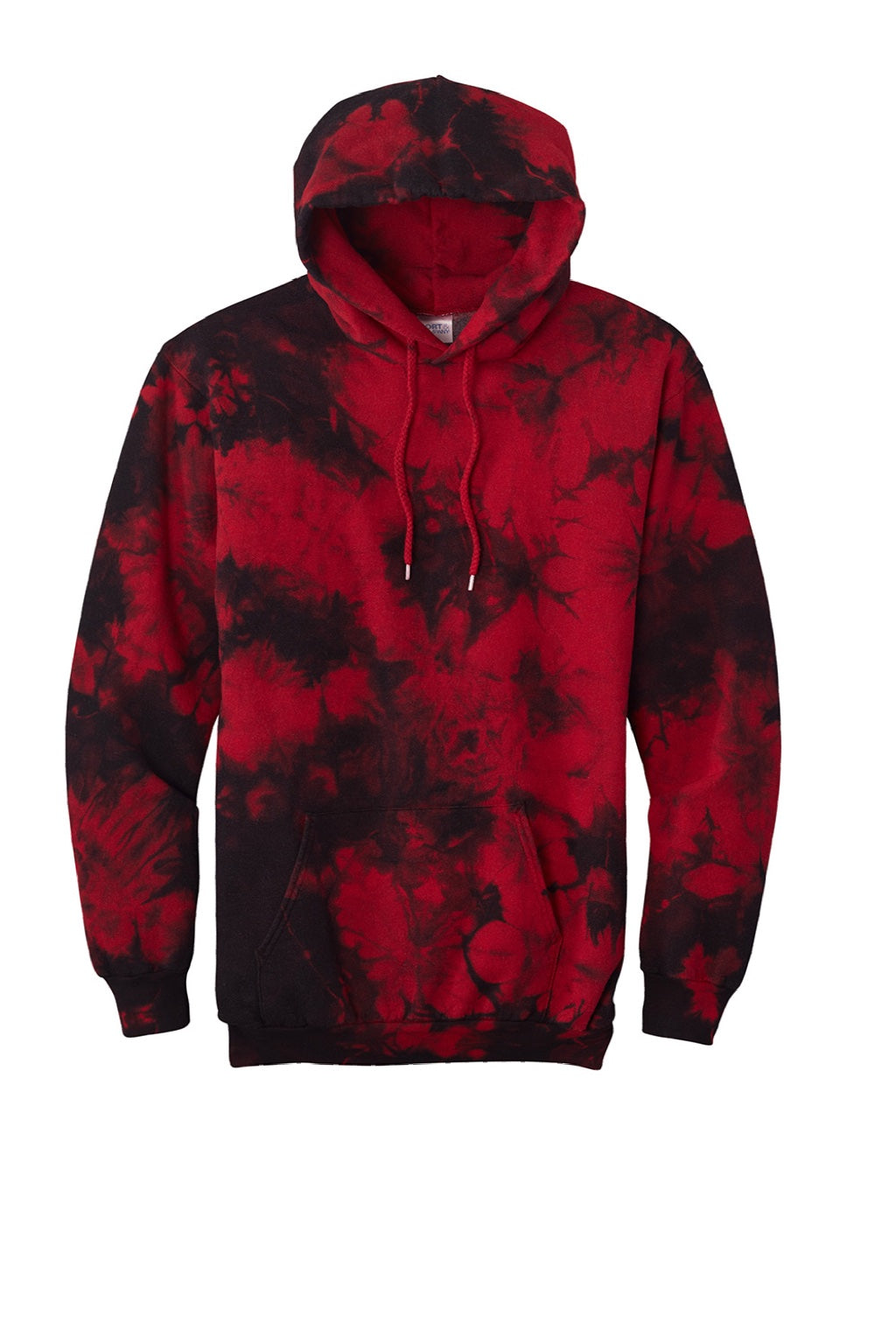 Port & Company PC144 Mens Crystal Tie-Dye Hooded Sweatshirt Hoodie w/ Pouch Pocket Black/Red Flat Front