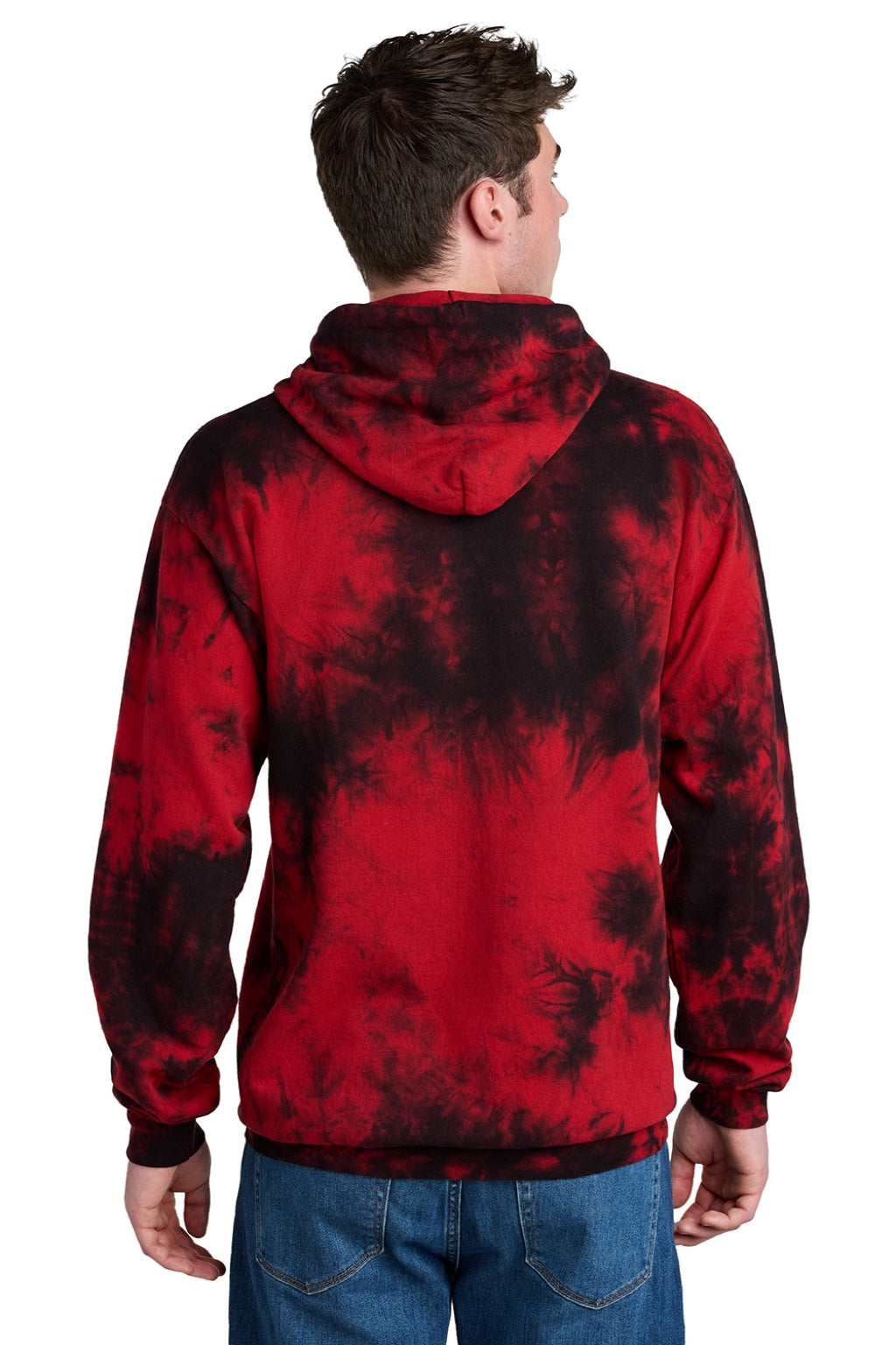 Port & Company PC144 Mens Crystal Tie-Dye Hooded Sweatshirt Hoodie w/ Pouch Pocket Black/Red Model Back