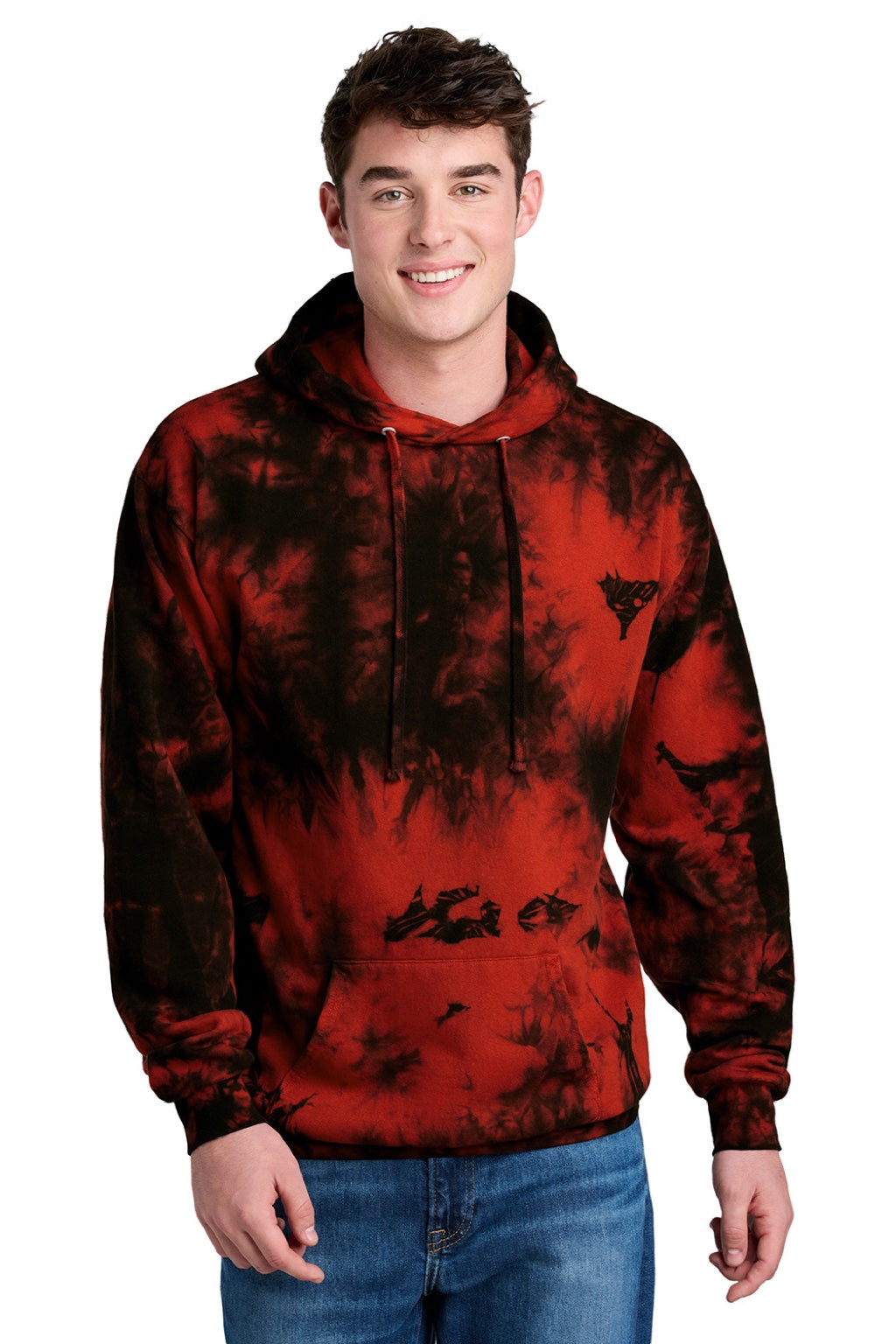 Port & Company PC144 Mens Crystal Tie-Dye Hooded Sweatshirt Hoodie w/ Pouch Pocket Black/Red Model Front