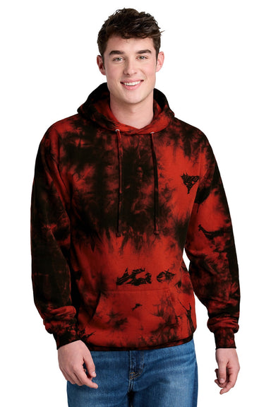 Port & Company PC144 Mens Crystal Tie-Dye Hooded Sweatshirt Hoodie w/ Pouch Pocket Black/Red Model Front