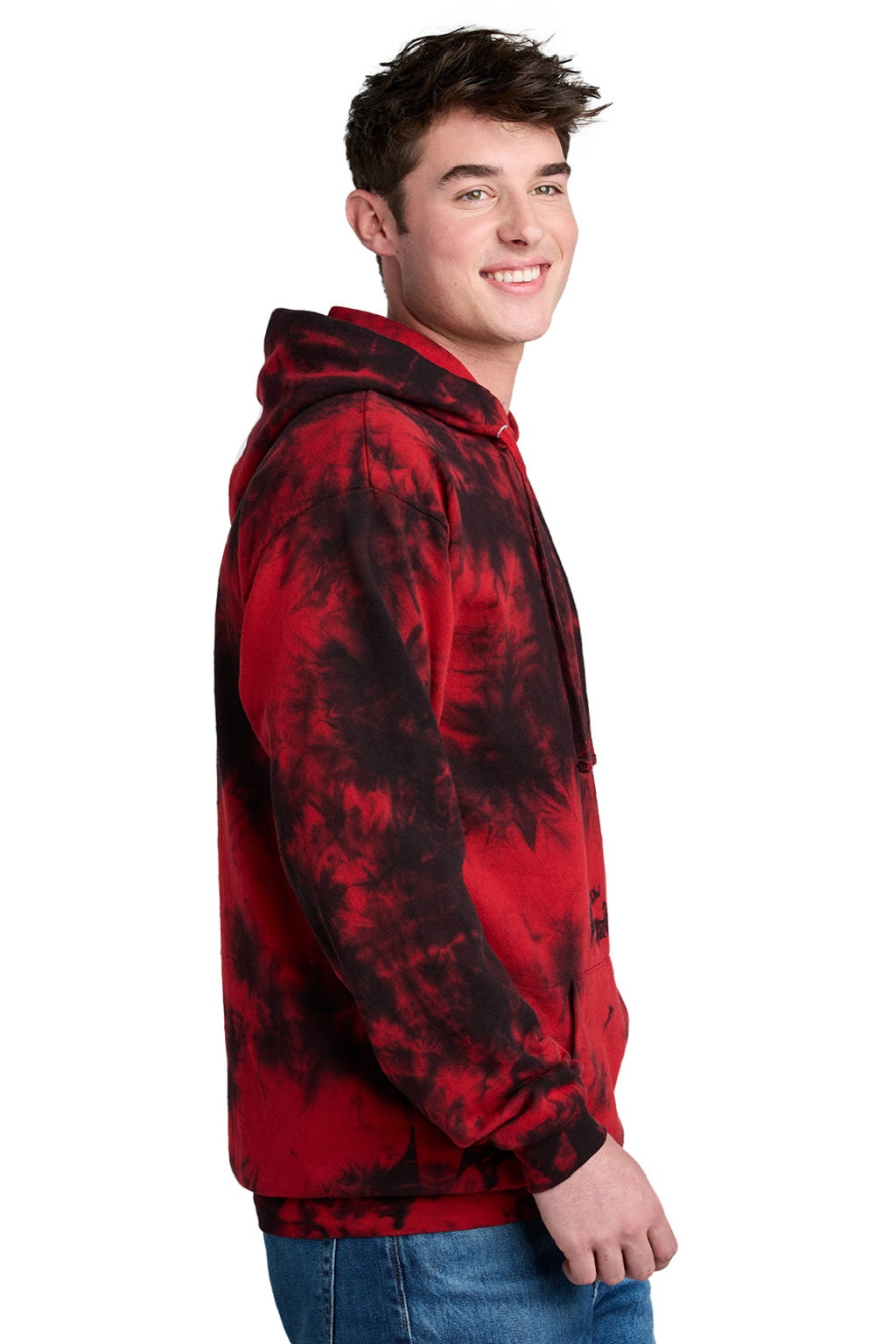 Port & Company PC144 Mens Crystal Tie-Dye Hooded Sweatshirt Hoodie w/ Pouch Pocket Black/Red Model Side