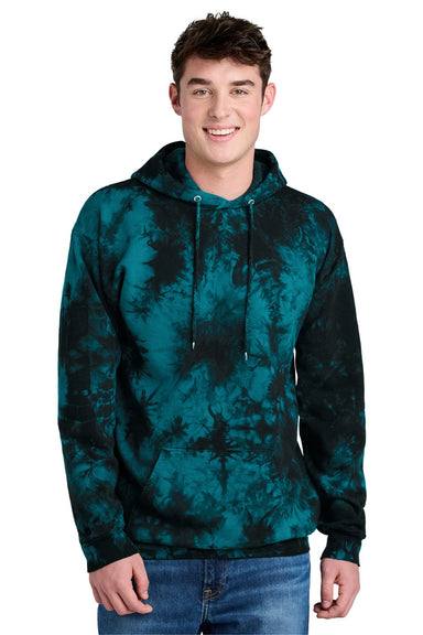 Port & Company PC144 Mens Crystal Tie-Dye Hooded Sweatshirt Hoodie w/ Pouch Pocket Black/Teal Green Model Front