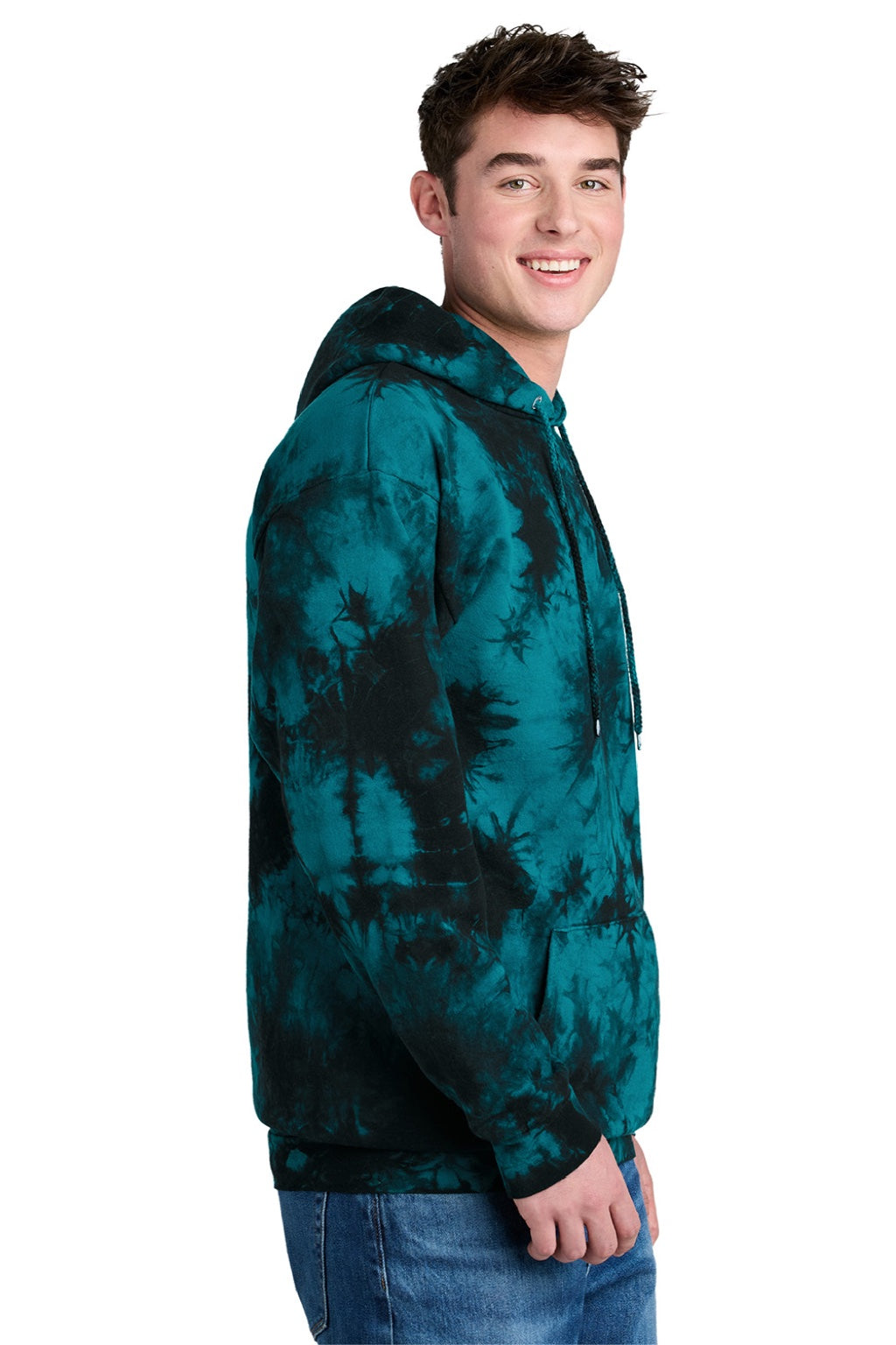 Port & Company PC144 Mens Crystal Tie-Dye Hooded Sweatshirt Hoodie w/ Pouch Pocket Black/Teal Green Model Side