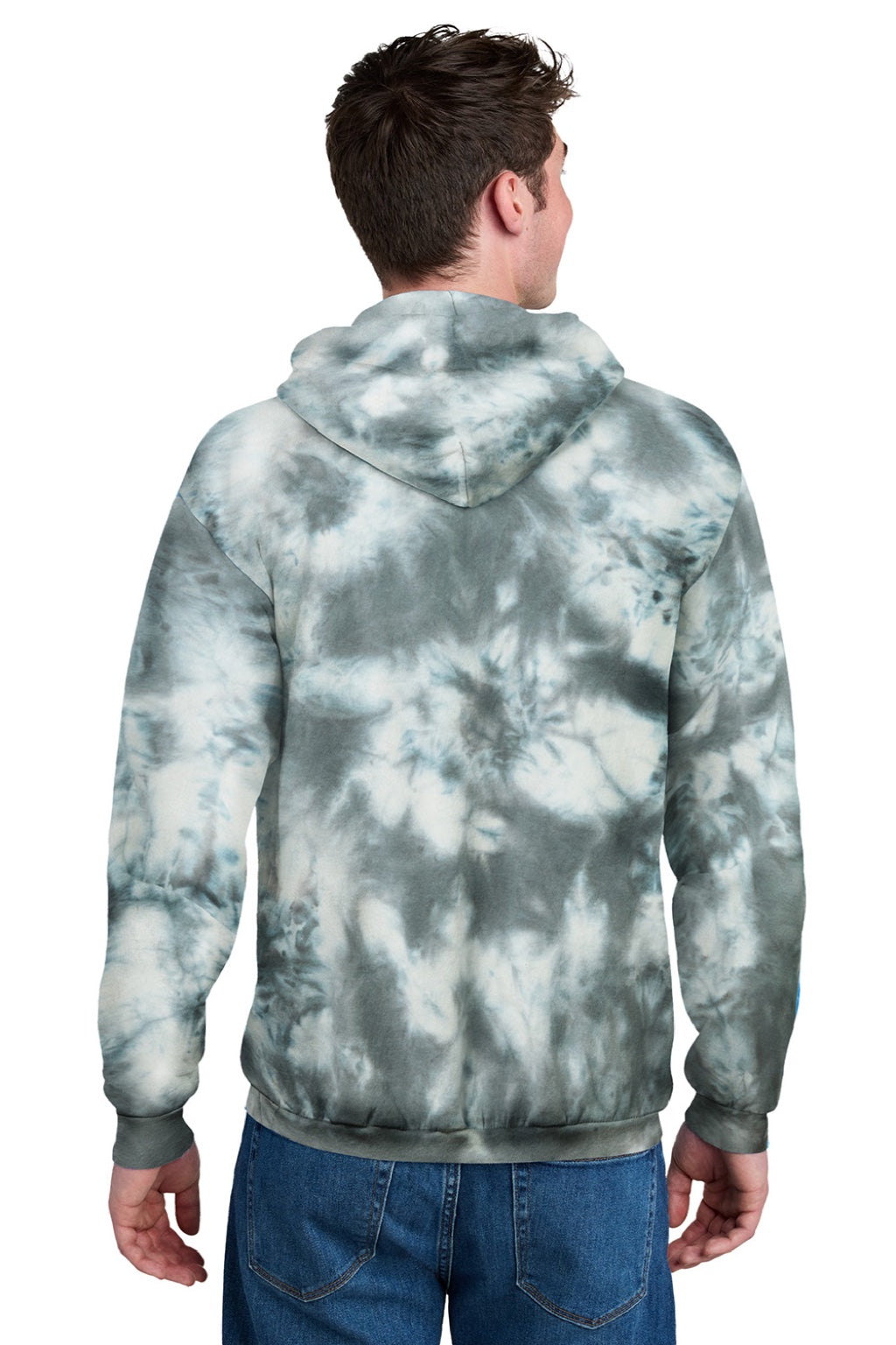 Port & Company PC144 Mens Crystal Tie-Dye Hooded Sweatshirt Hoodie w/ Pouch Pocket Grey Model Back