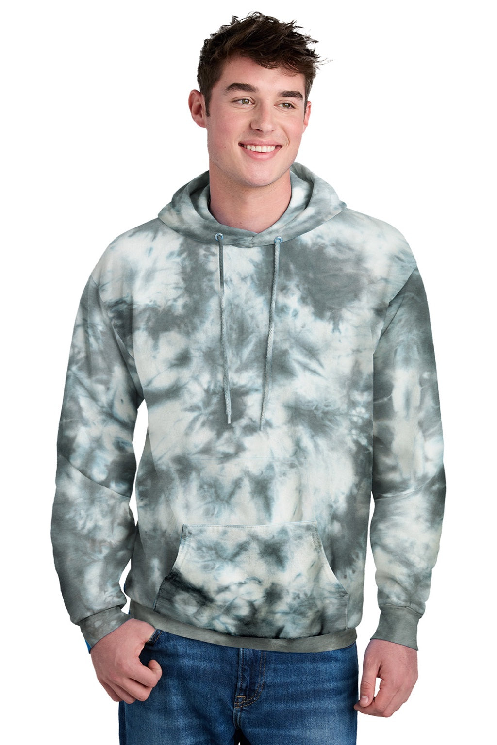 Port & Company PC144 Mens Crystal Tie-Dye Hooded Sweatshirt Hoodie w/ Pouch Pocket Grey Model Front