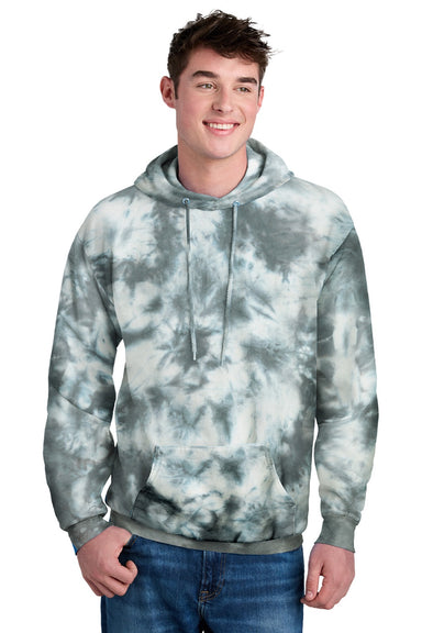 Port & Company PC144 Mens Crystal Tie-Dye Hooded Sweatshirt Hoodie w/ Pouch Pocket Grey Model Front