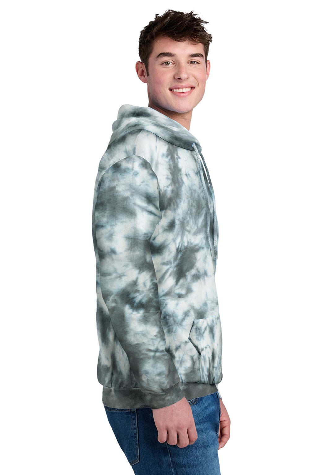 Port & Company PC144 Mens Crystal Tie-Dye Hooded Sweatshirt Hoodie w/ Pouch Pocket Grey Model Side