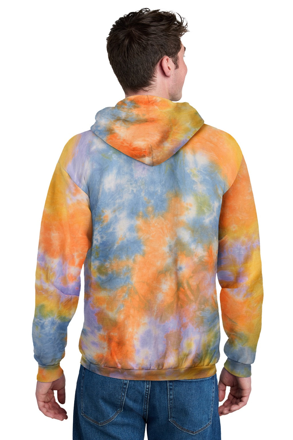 Port & Company PC144 Mens Crystal Tie-Dye Hooded Sweatshirt Hoodie w/ Pouch Pocket Sherbet Orange Model Back
