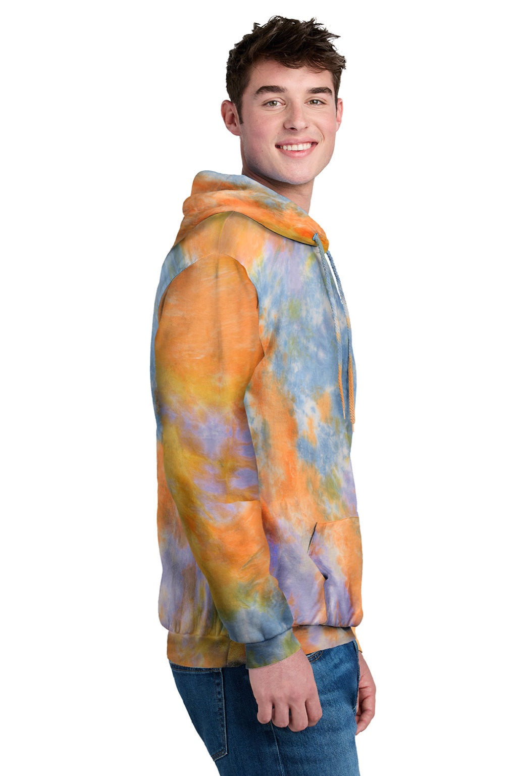 Port & Company PC144 Mens Crystal Tie-Dye Hooded Sweatshirt Hoodie w/ Pouch Pocket Sherbet Orange Model Side