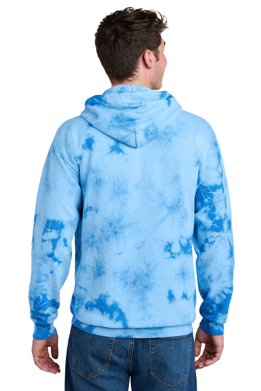 Port & Company PC144 Mens Crystal Tie-Dye Hooded Sweatshirt Hoodie w/ Pouch Pocket Sky Blue Model Back