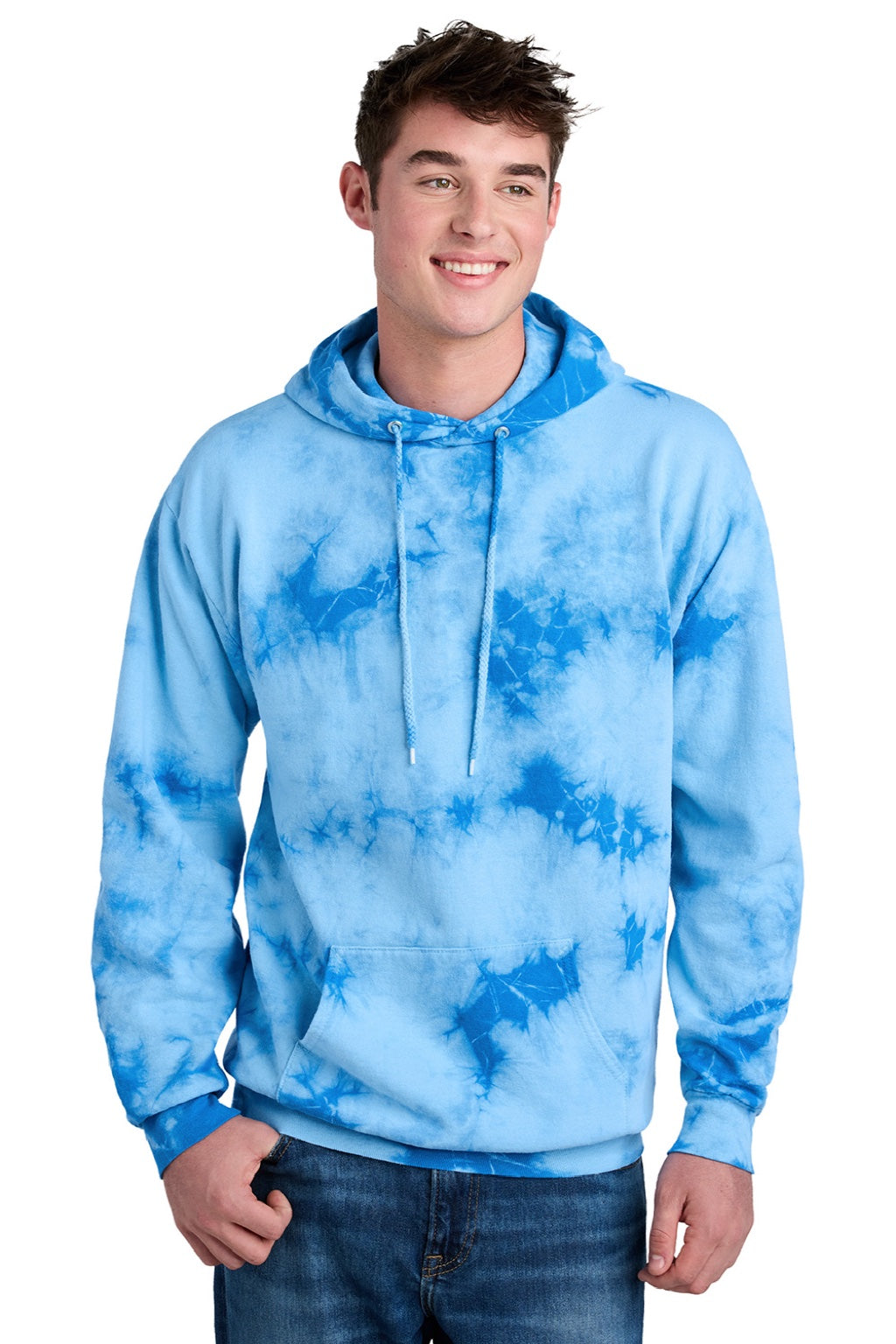 Port & Company PC144 Mens Crystal Tie-Dye Hooded Sweatshirt Hoodie w/ Pouch Pocket Sky Blue Model Front