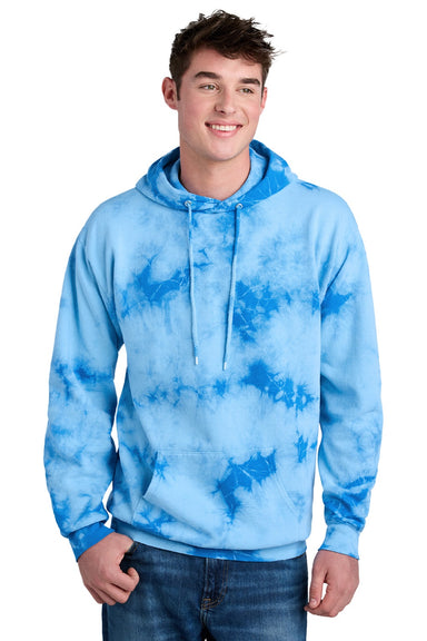 Port & Company PC144 Mens Crystal Tie-Dye Hooded Sweatshirt Hoodie w/ Pouch Pocket Sky Blue Model Front