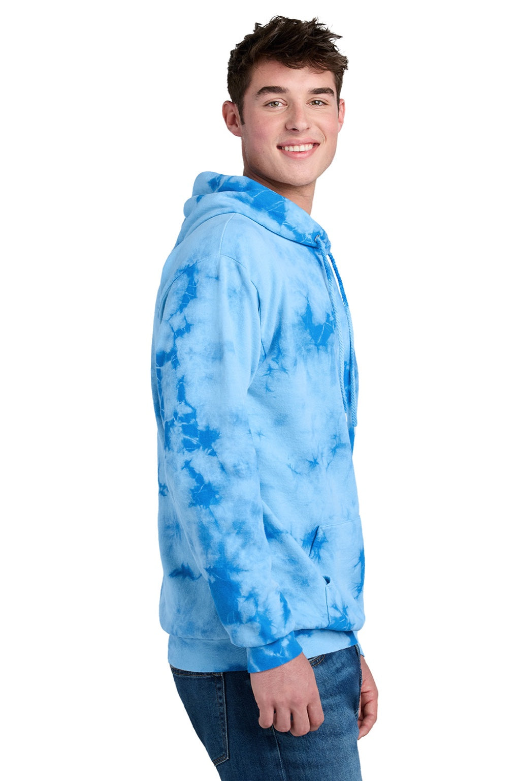 Port & Company PC144 Mens Crystal Tie-Dye Hooded Sweatshirt Hoodie w/ Pouch Pocket Sky Blue Model Side
