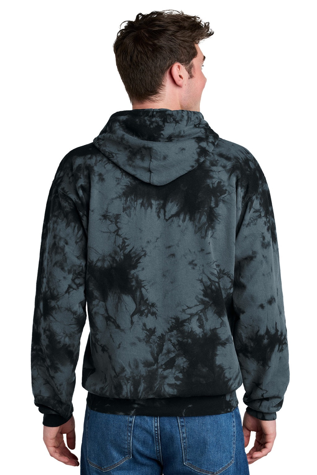 Port & Company PC144 Mens Crystal Tie-Dye Hooded Sweatshirt Hoodie w/ Pouch Pocket Black Model Back