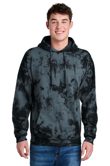 Port & Company PC144 Mens Crystal Tie-Dye Hooded Sweatshirt Hoodie w/ Pouch Pocket Black Model Front