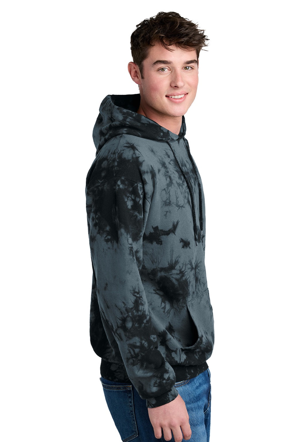 Port & Company PC144 Mens Crystal Tie-Dye Hooded Sweatshirt Hoodie w/ Pouch Pocket Black Model Side