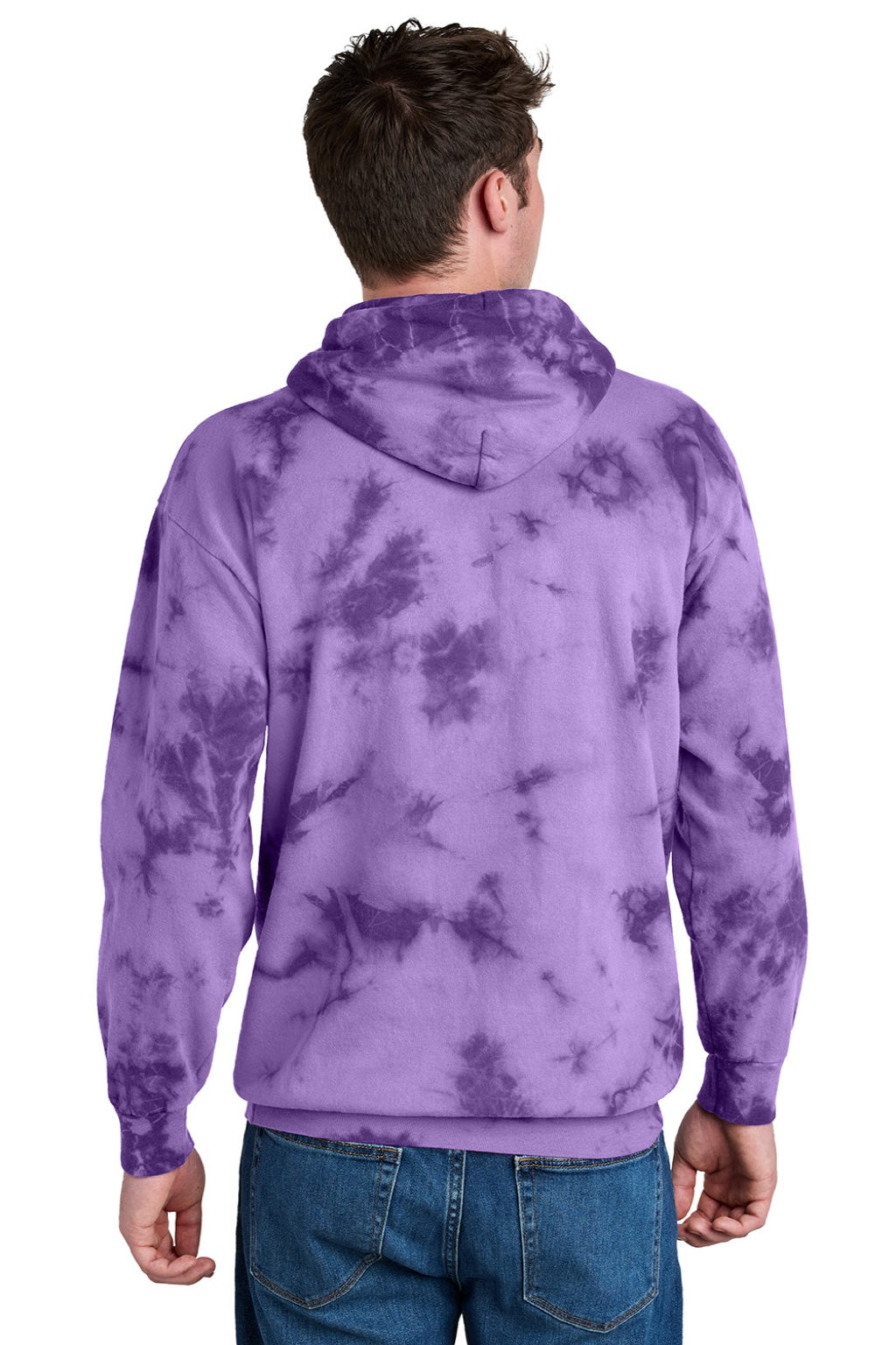 Port & Company PC144 Mens Crystal Tie-Dye Hooded Sweatshirt Hoodie w/ Pouch Pocket Purple Model Back