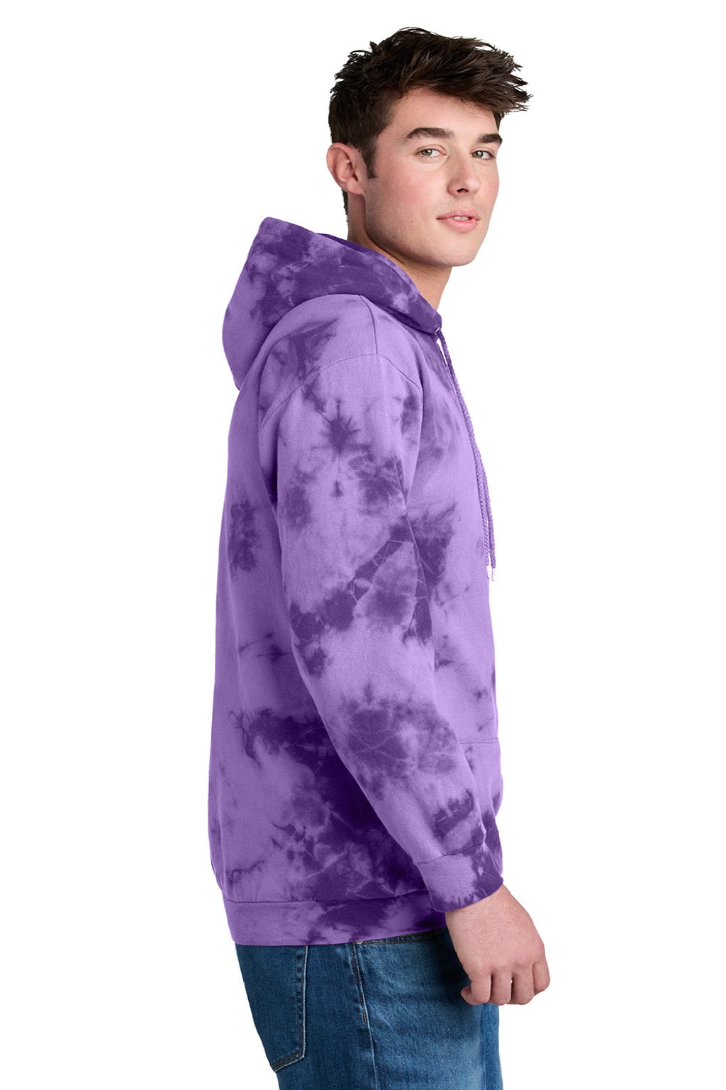 Port & Company PC144 Mens Crystal Tie-Dye Hooded Sweatshirt Hoodie w/ Pouch Pocket Purple Model Side