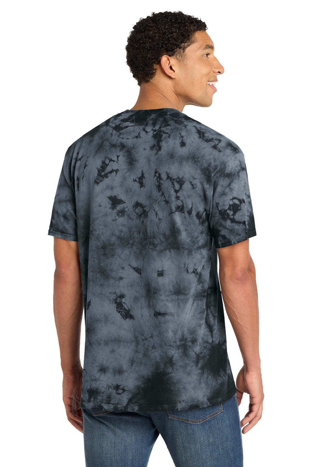 Port & Company PC145 Mens Crystal Tie-Dye Short Sleeve Crewneck T-Shirt Black Model Back