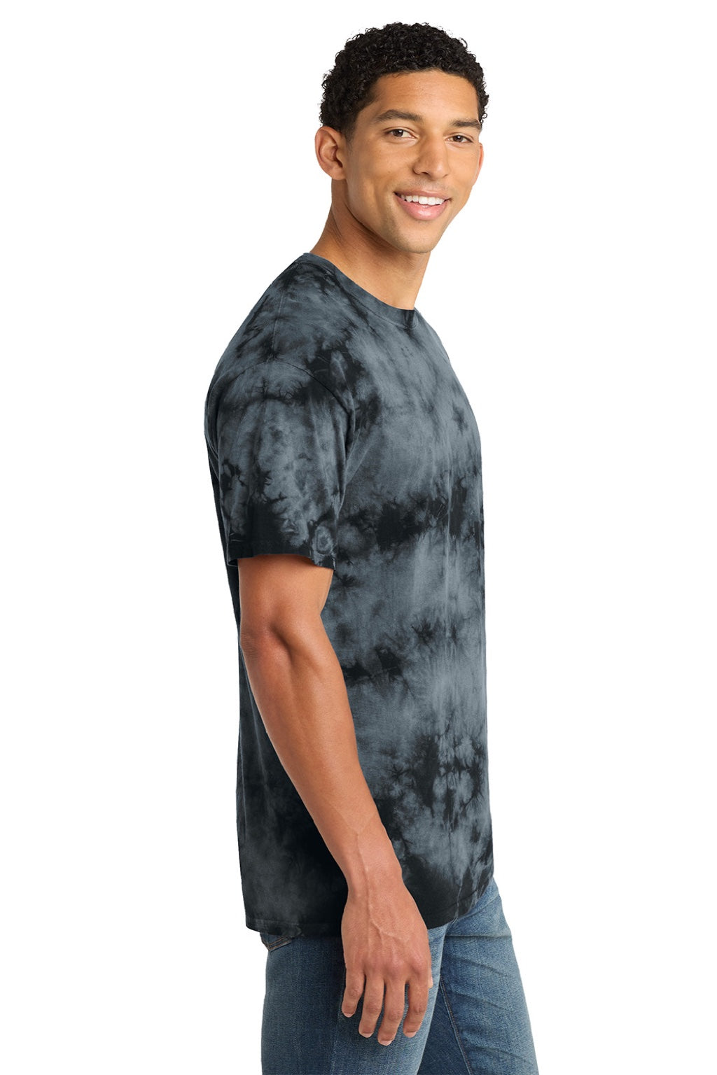 Port & Company PC145 Mens Crystal Tie-Dye Short Sleeve Crewneck T-Shirt Black Model Side