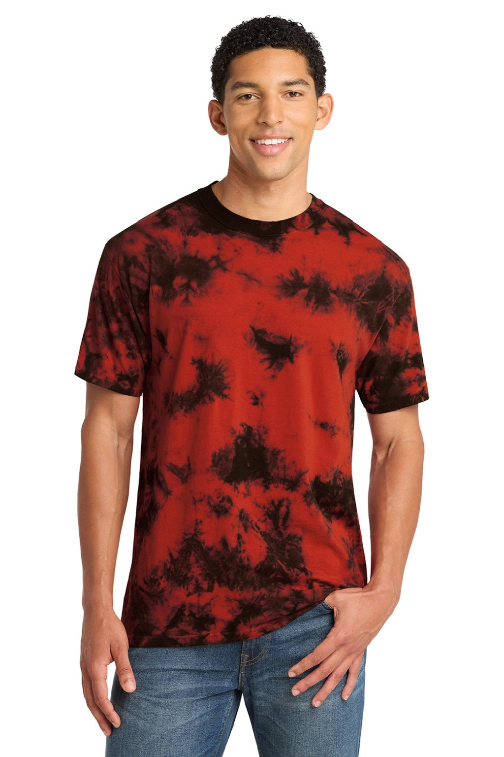 Port & Company PC145 Mens Crystal Tie-Dye Short Sleeve Crewneck T-Shirt Black/Red Model Front