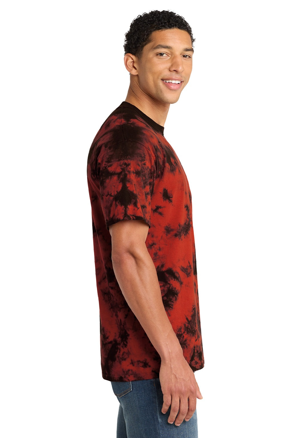 Port & Company PC145 Mens Crystal Tie-Dye Short Sleeve Crewneck T-Shirt Black/Red Model Side
