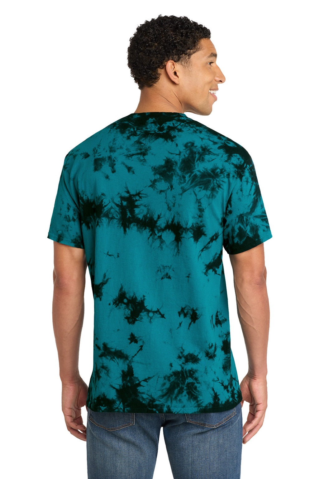 Port & Company PC145 Mens Crystal Tie-Dye Short Sleeve Crewneck T-Shirt Black/Teal Green Model Back