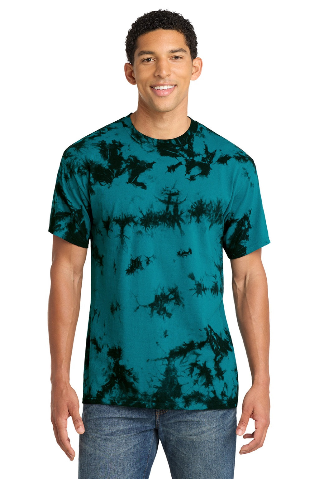Port & Company PC145 Mens Crystal Tie-Dye Short Sleeve Crewneck T-Shirt Black/Teal Green Model Front
