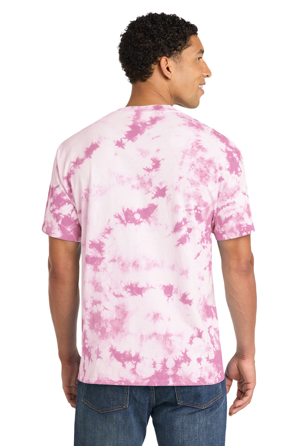 Port & Company PC145 Mens Crystal Tie-Dye Short Sleeve Crewneck T-Shirt Bright Pink Model Back