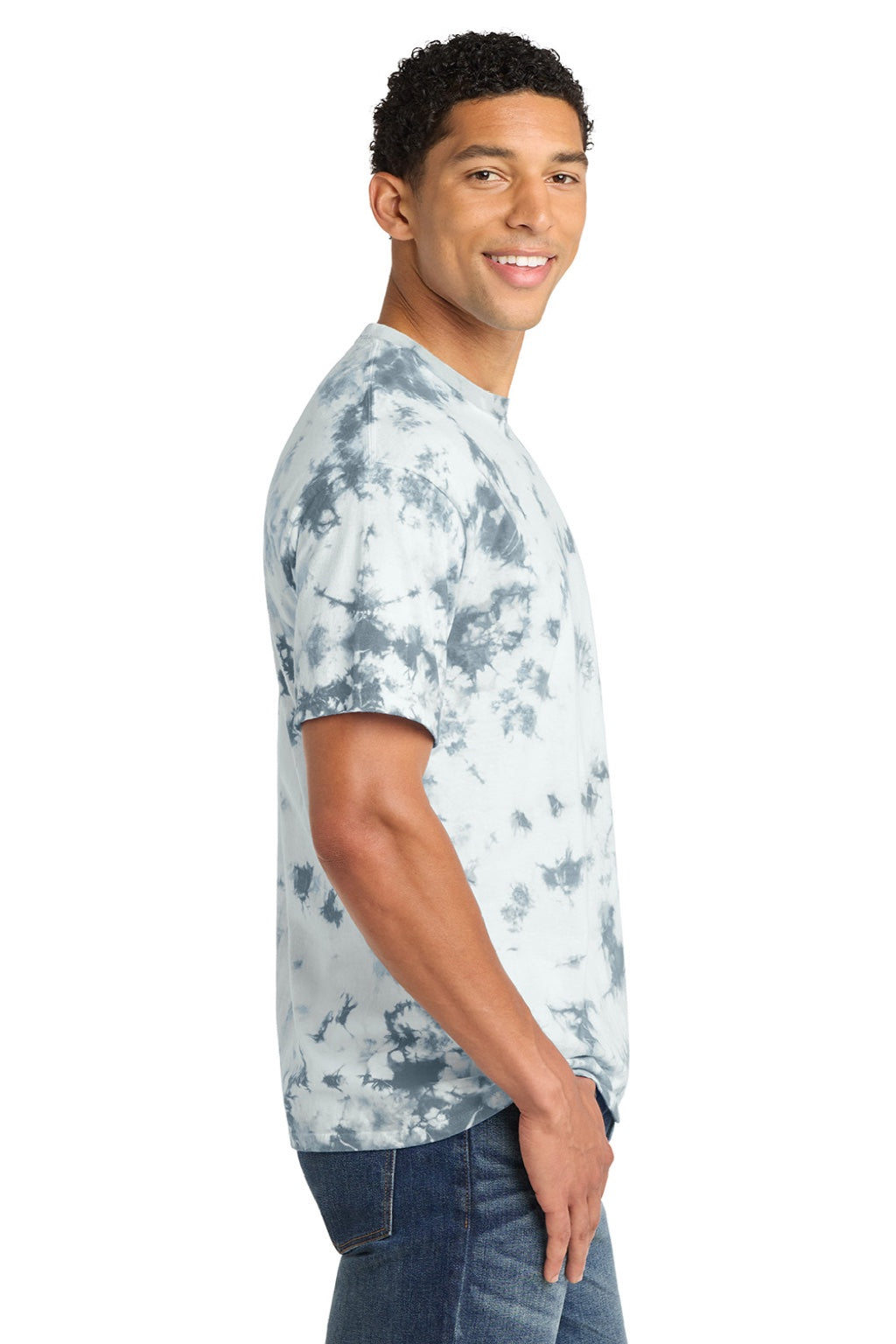 Port & Company PC145 Mens Crystal Tie-Dye Short Sleeve Crewneck T-Shirt Grey Model Side
