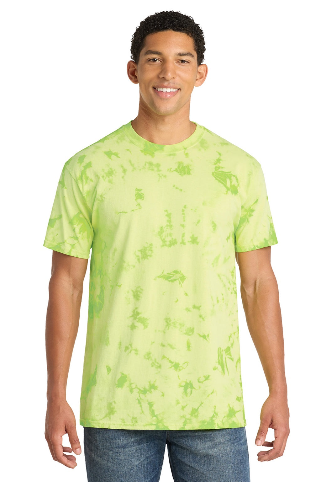 Port & Company PC145 Mens Crystal Tie-Dye Short Sleeve Crewneck T-Shirt Lemon Lime Green Model Front