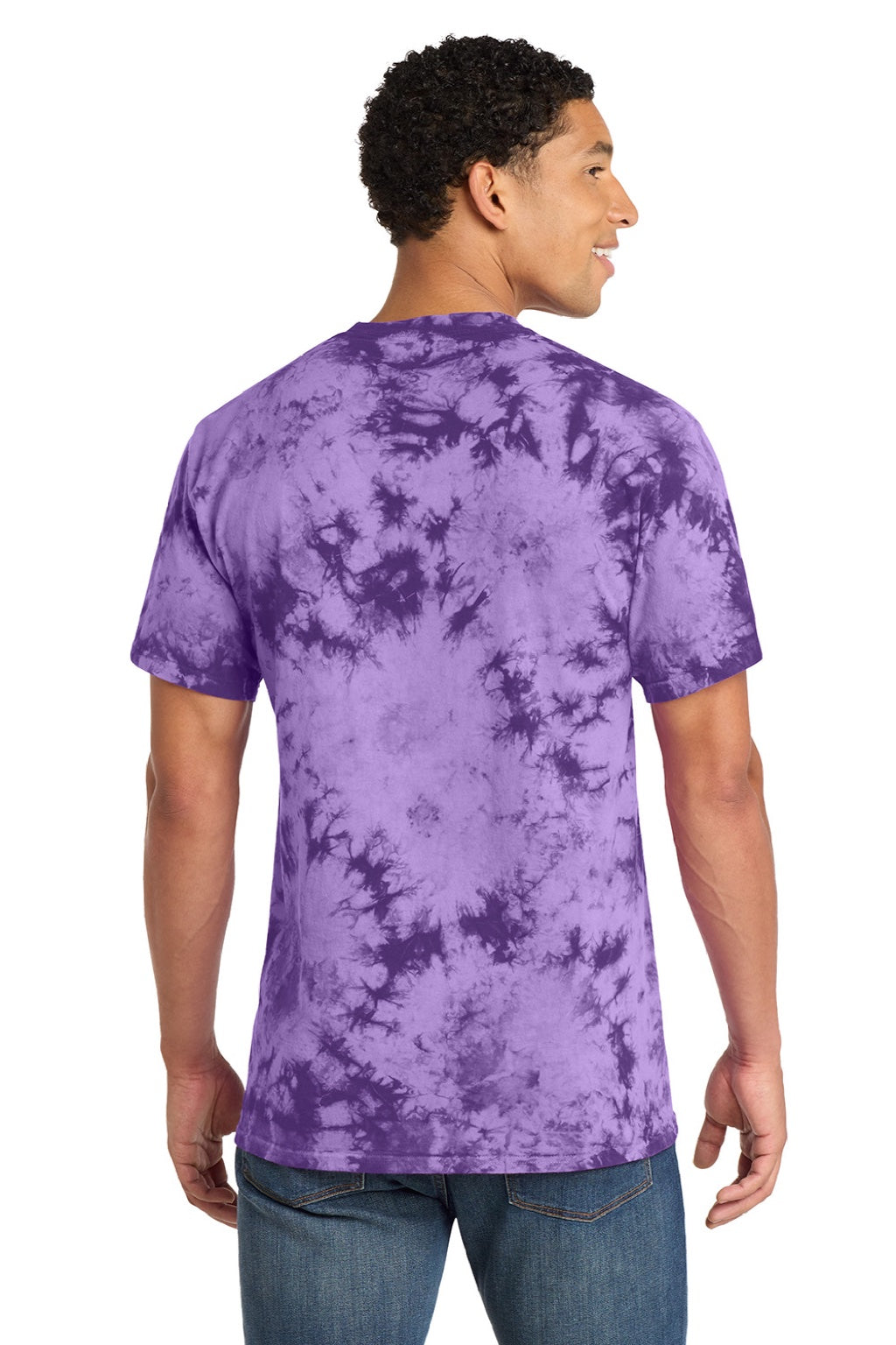 Port & Company PC145 Mens Crystal Tie-Dye Short Sleeve Crewneck T-Shirt Purple Model Back