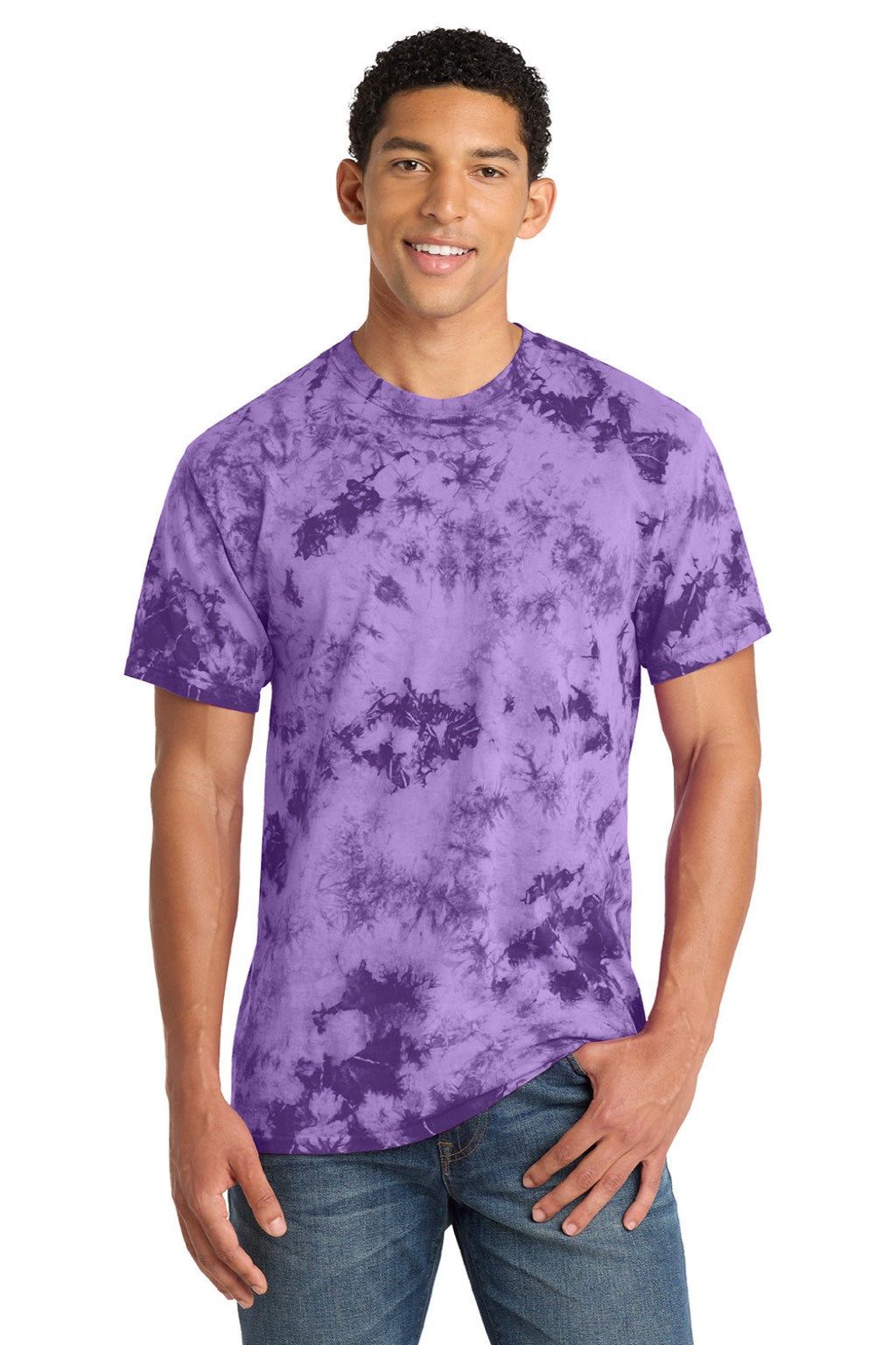Port & Company PC145 Mens Crystal Tie-Dye Short Sleeve Crewneck T-Shirt Purple Model Front