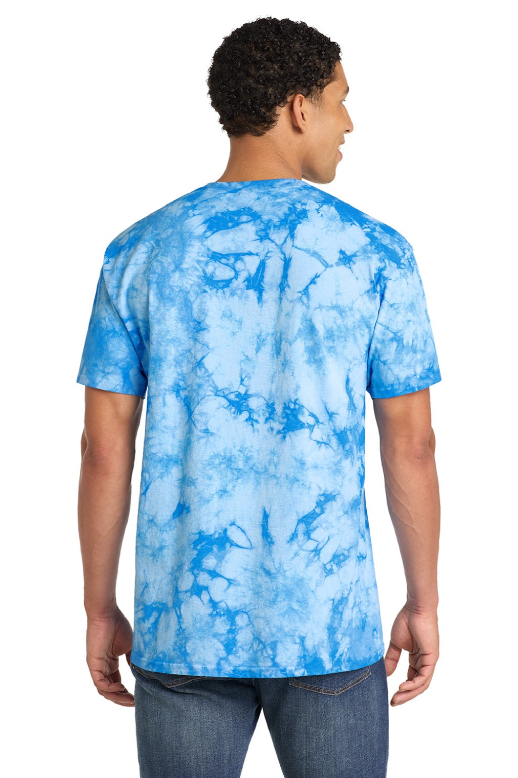 Port & Company PC145 Mens Crystal Tie-Dye Short Sleeve Crewneck T-Shirt Sky Blue Model Back