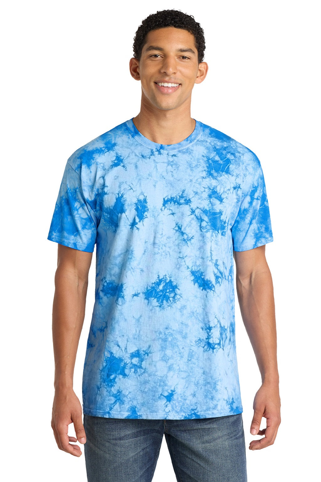 Port & Company PC145 Mens Crystal Tie-Dye Short Sleeve Crewneck T-Shirt Sky Blue Model Front