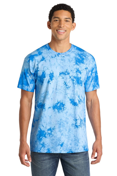 Port & Company PC145 Mens Crystal Tie-Dye Short Sleeve Crewneck T-Shirt Sky Blue Model Front