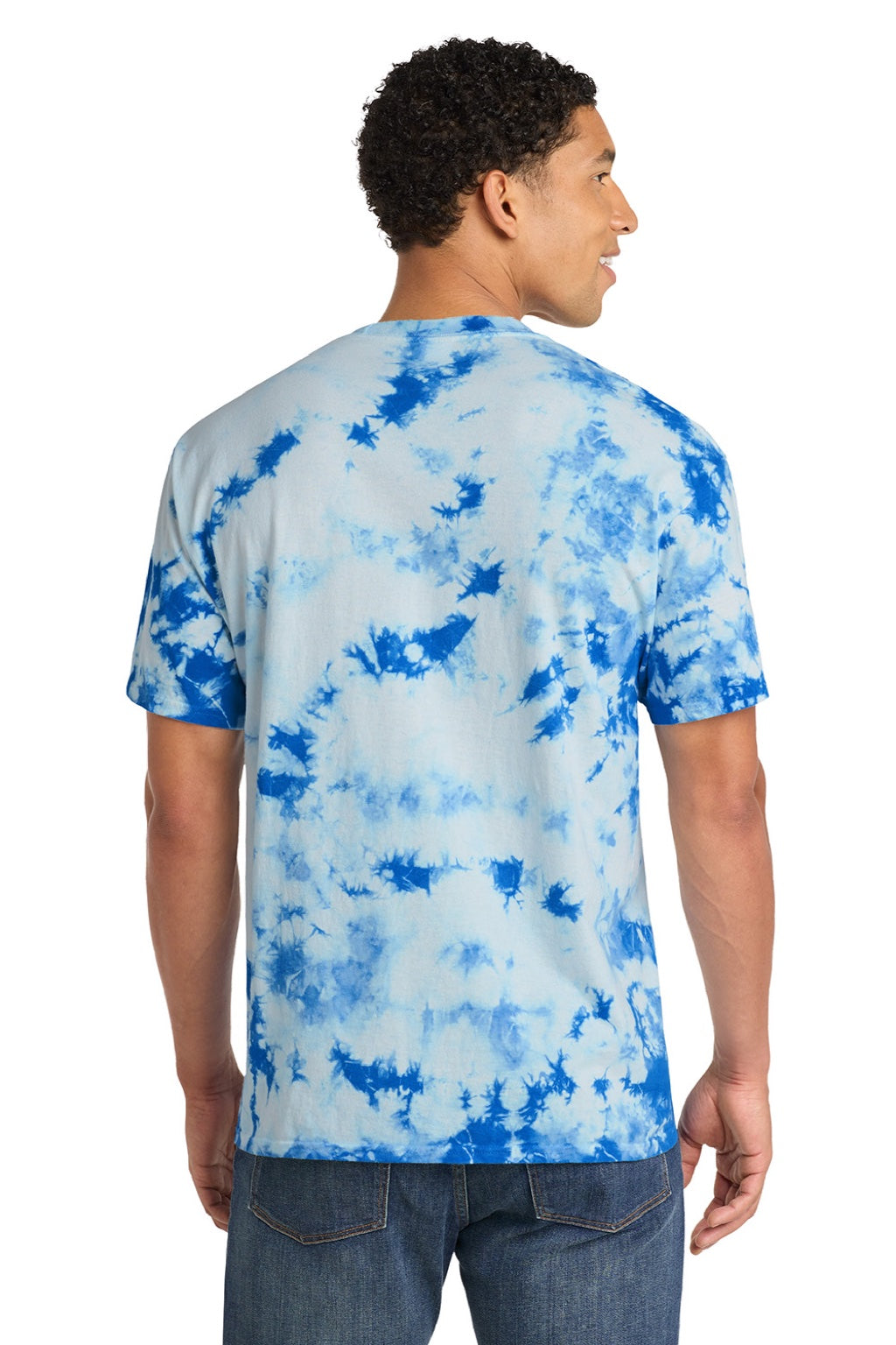 Port & Company PC145 Mens Crystal Tie-Dye Short Sleeve Crewneck T-Shirt True Royal Blue Model Back