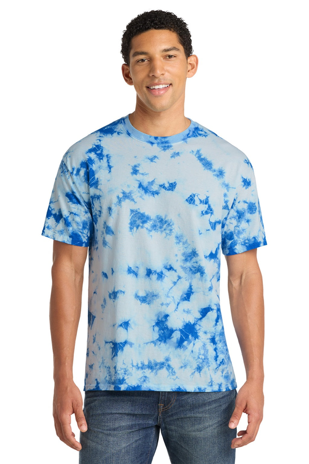 Port & Company PC145 Mens Crystal Tie-Dye Short Sleeve Crewneck T-Shirt True Royal Blue Model Front