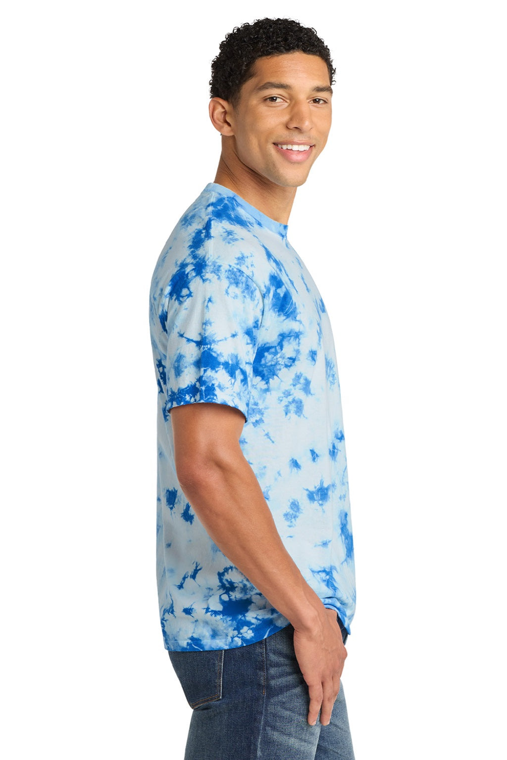 Port & Company PC145 Mens Crystal Tie-Dye Short Sleeve Crewneck T-Shirt True Royal Blue Model Side