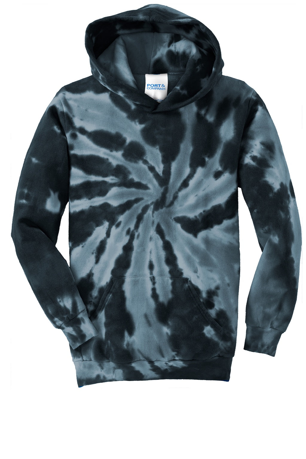 Port & Company PC146Y Youth Tie-Dye Fleece Hooded Sweatshirt Hoodie w/ Pouch Pocket Black Flat Front