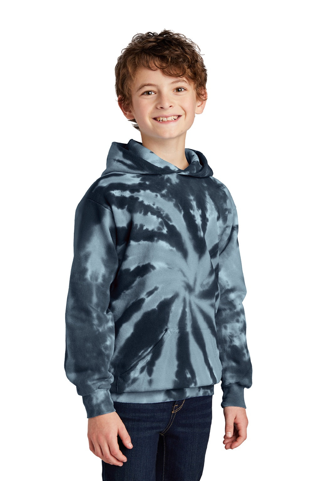 Port & Company PC146Y Youth Tie-Dye Fleece Hooded Sweatshirt Hoodie w/ Pouch Pocket Black Model 3q