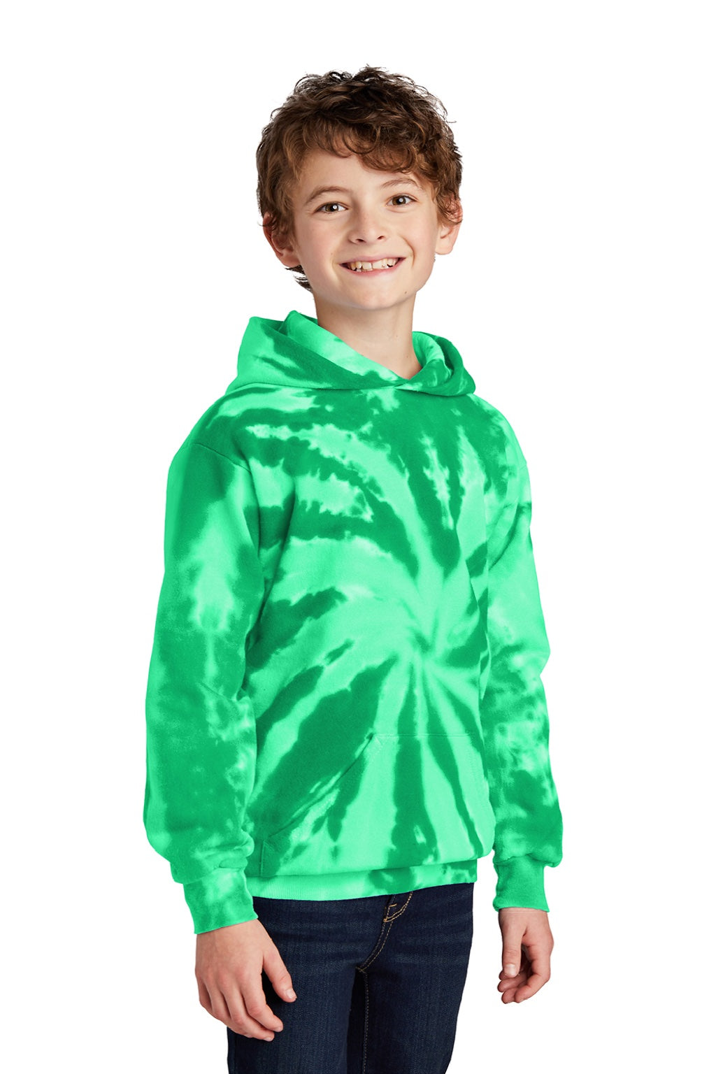 Port & Company PC146Y Youth Tie-Dye Fleece Hooded Sweatshirt Hoodie w/ Pouch Pocket Kelly Green Model 3q