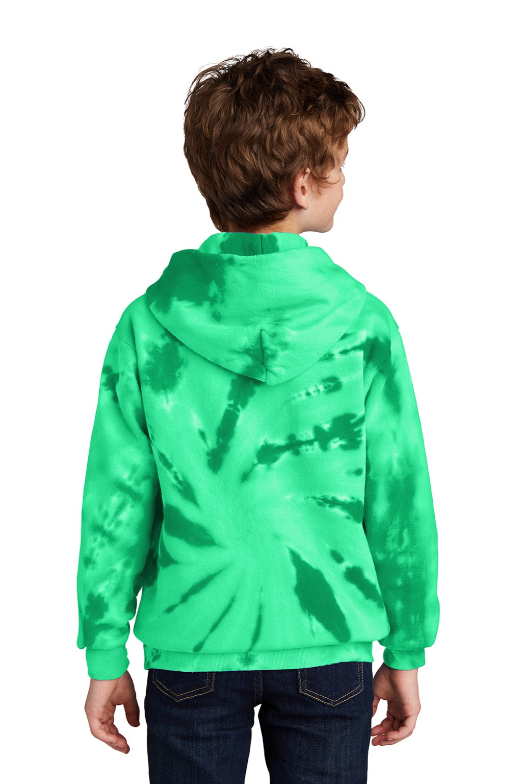 Port & Company PC146Y Youth Tie-Dye Fleece Hooded Sweatshirt Hoodie w/ Pouch Pocket Kelly Green Model Back
