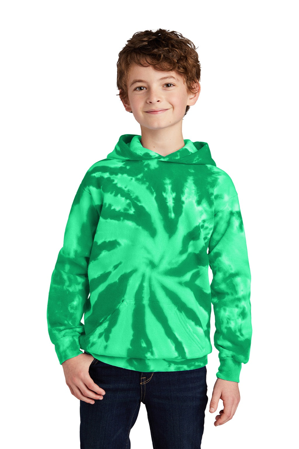 Port & Company PC146Y Youth Tie-Dye Fleece Hooded Sweatshirt Hoodie w/ Pouch Pocket Kelly Green Model Front