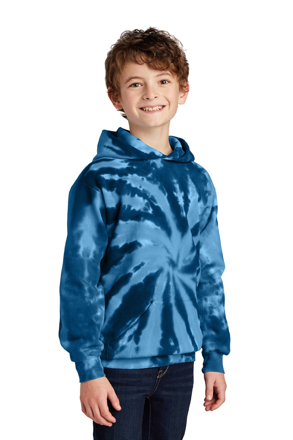 Port & Company PC146Y Youth Tie-Dye Fleece Hooded Sweatshirt Hoodie w/ Pouch Pocket Navy Blue Model 3q
