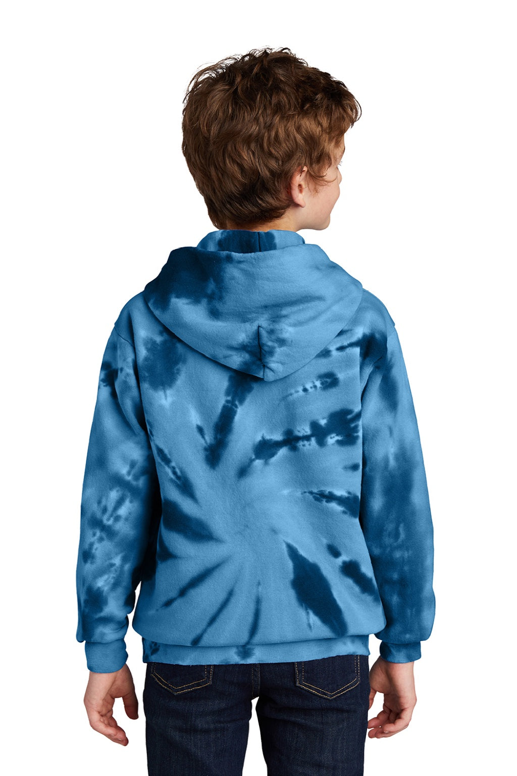 Port & Company PC146Y Youth Tie-Dye Fleece Hooded Sweatshirt Hoodie w/ Pouch Pocket Navy Blue Model Back
